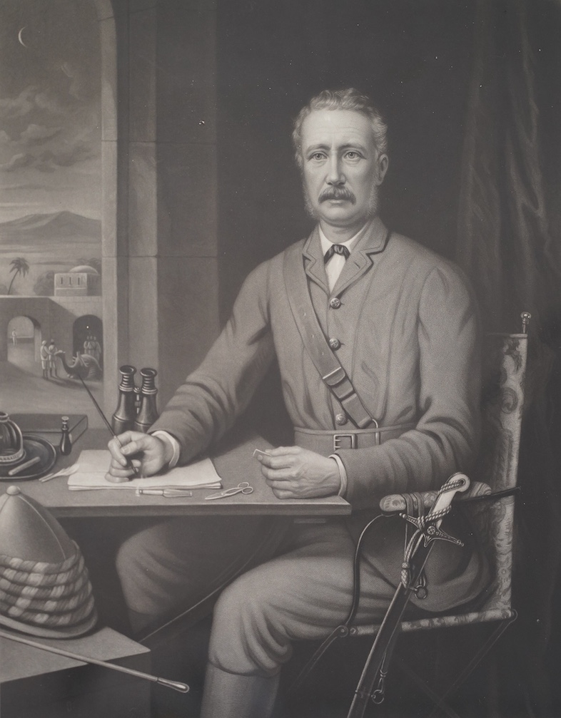 James Faed after Alexander Melville, Portrait of General Gordon seated in uniform with remarqué sketches of a dispatch in Arabic and facsimile paper money used at Khartoum, mezzotint, 54 x 42.5cm